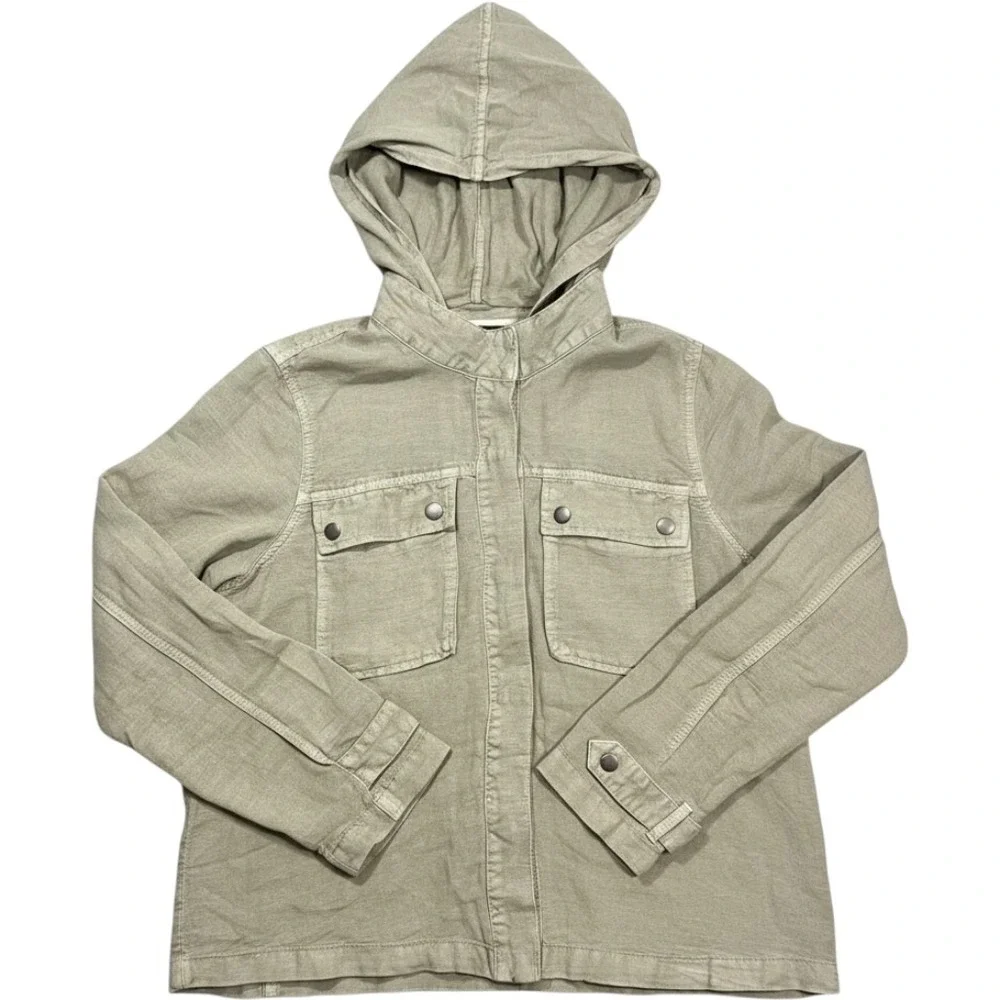 Nicole Miller Lightweight Linen Jacket Women's Large Olive Camp Shirt Snap Front